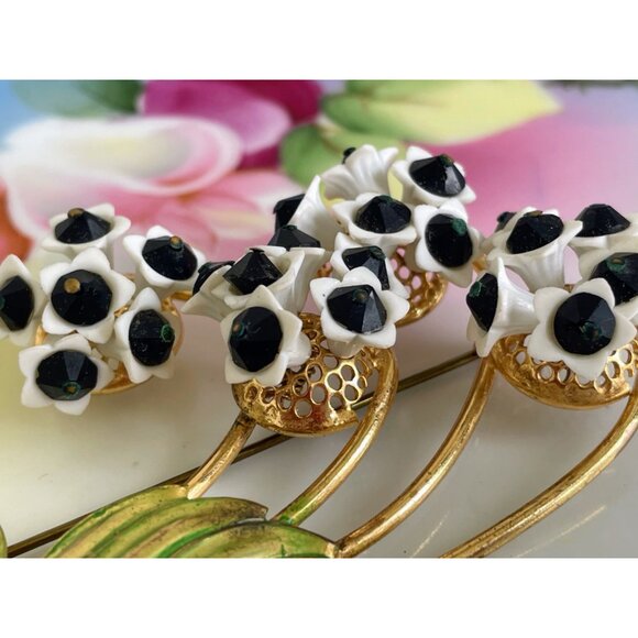 Vintage 1950s Metal Flower Brooch Porcelain Glass Bead Accents - Picture 9 of 11